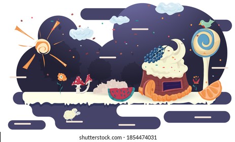 House cupcake cake with berries on the roof, in a glade of icing, among trees and flowers, flat vector illustration for design decoration