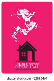 House and cupids instead of smoke rising from the chimney. Abstract vector illustration.