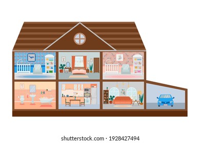 House Cut. Detailed Home Interior With Furniture. Kitchen, Living Room, Bedroom, Children's Rooms For Girls And Boys.