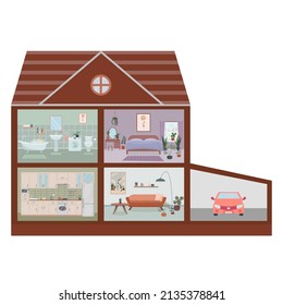 House Cut. Detailed Home Interior With Furniture. Kitchen, Living Room, Bedroom.