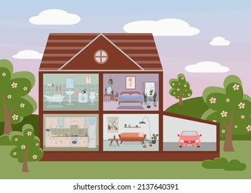 House Cut. Detailed Home Interior With Furniture. Kitchen, Living Room, Bedroom.