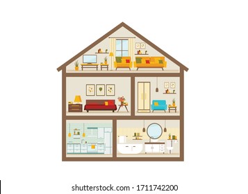 House in a cut. Detailed modern home interior. rooms with furniture. flat vector illustration