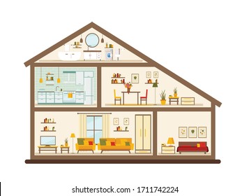 House In A Cut. Detailed Modern Home Interior. Rooms With Furniture. Flat Vector Illustration