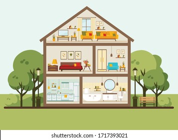 House in a cut. Detailed modern home interior. rooms with furniture. flat vector illustration