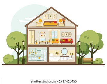 House in a cut. Detailed modern home interior. rooms with furniture. flat vector illustration