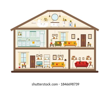 House In A Cut. Detailed Modern Home Interior. Rooms With Furniture. Flat Vector Illustration