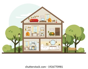 House In A Cut. Detailed Modern Home Interior. Rooms With Furniture. Flat Vector Illustration