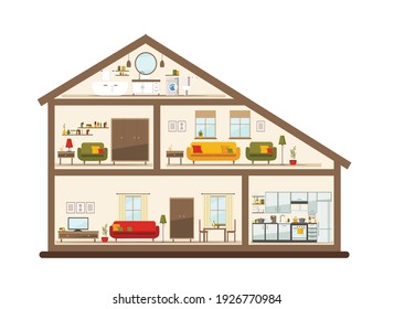 House In A Cut. Detailed Modern Home Interior. Rooms With Furniture. Flat Vector Illustration