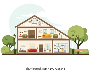 House in a cut. Detailed modern home interior. rooms with furniture. flat vector illustration