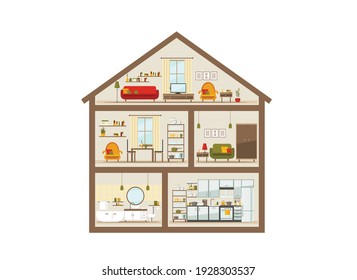 House in a cut. Detailed modern home interior. rooms with furniture. flat vector illustration