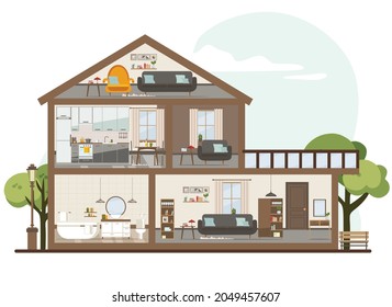 House in a cut. Detailed modern home interior. rooms with furniture. flat vector illustration