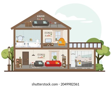 House in a cut. Detailed modern home interior. rooms with furniture. flat vector illustration