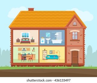 House in cut. Detailed modern home interior. Rooms with furniture. Flat style vector illustration.