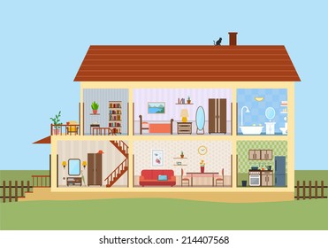 House in cut. Detailed modern house interior. Rooms with furniture.  Flat style vector illustration.