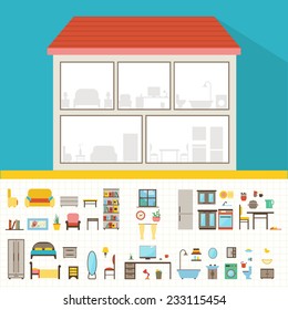 House In Cut. Detailed Modern House Interior. Furniture For Different Rooms. Flat Style Vector Illustration.