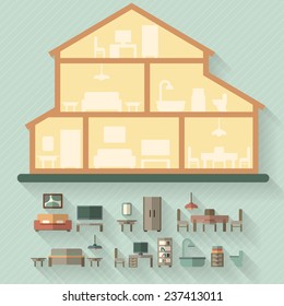 House In Cut. Detailed Modern House Interior. Furniture For Different Rooms. Flat Style Vector Illustration.