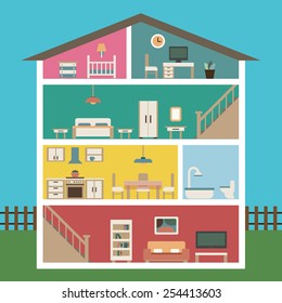 House in cut. Detailed modern interior inside house. Rooms with furniture.  Flat style vector illustration.