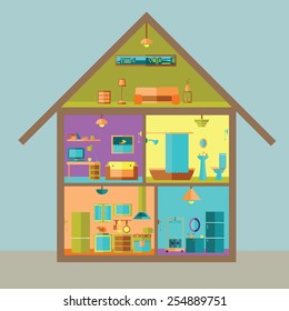 House in cut. Detailed modern house interior. Rooms with furniture. Flat style vector illustration.