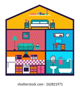 House in cut. Detailed modern house interior. Rooms with wallpaper and furniture. Flat style vector illustration.