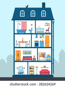 House in cut. Detailed modern house interior. Many rooms with furniture. Flat style vector illustration.