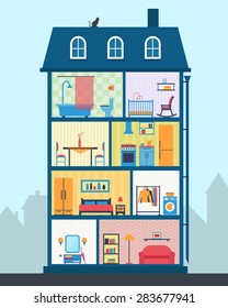 House in cut. Detailed modern house interior. Many rooms with furniture. Flat style vector illustration.