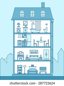 House in cut. Detailed modern house interior. Rooms with furniture.  Outline style vector illustration.