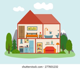 House in cut in forest with trees. Detailed modern house interior. Rooms with furniture.  Flat style vector illustration.