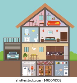House in cut form. Interior. Vector Illustration