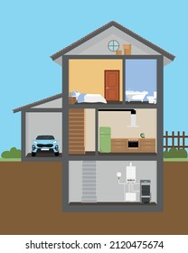 House cut. Home interior. Flat style vector illustration, Rooms with furniture,