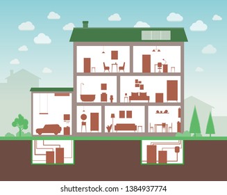 House cut with inside interior view, cartoon home section of three floor building and furniture outline silhouettes and separate room plants, flat vector illustration