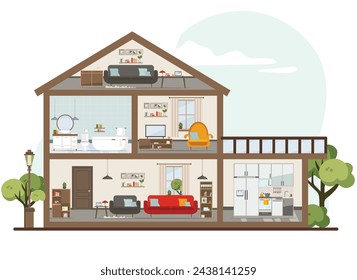 House in a cut. Interior with equipment (furniture and dishes). flat vector illustration