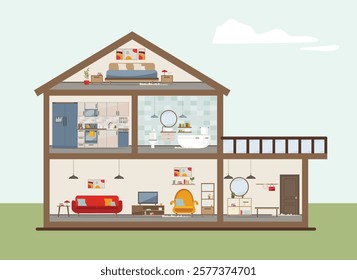 House in a cut. Modern apartment with equipment (furniture, sofa, armchair, dishes). Kitchen, bathroom, living room