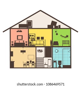 House in cut. Modern house interior.Vector illustration