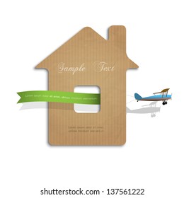 House cut out of cardboard with airplane. Concept vector illustration