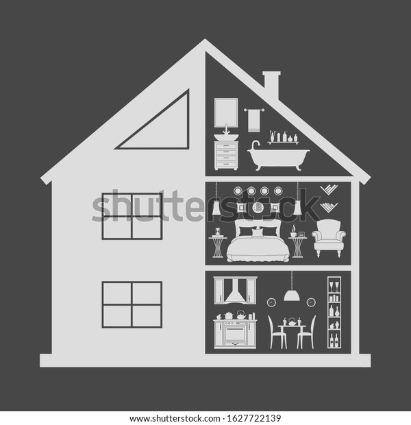 House in a cut. The silhouette of a
residential building with various rooms and furniture. Interior and
facade. Vector home project view inside and
out.