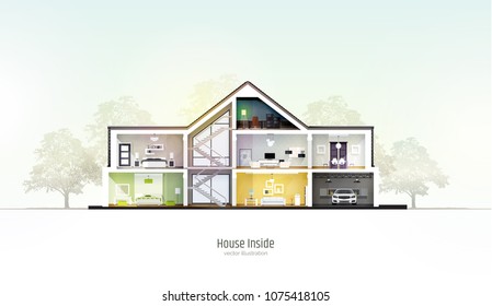 House in cut. Three storey cottage inside with rooms, garage and modern interior with furniture. Modern house with realistic trees. Architectural visualization. Realistic vector illustration.