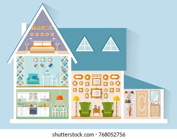 The house is in a cut. Vector illustration. A model building with rooms and furniture. Side view.