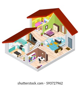 House In Cutaway Isometric View Basic Room Of Apartment, Section Building With Furniture. Vector Illustration