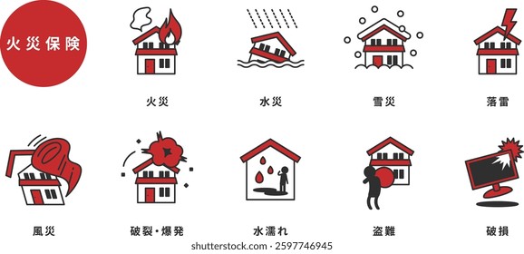 House Damage Icon Set. Icons of house-related risks like fire, floods, and earthquakes. Ideal for insurance, housing ads, websites, and educational materials.