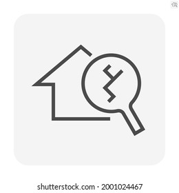 House damage, inspection vector icon. Consist of home or house building, magnifying glass and crack from disaster. Service by inspector, engineer to check before rent, sale, buy and purchase. 64x64 px