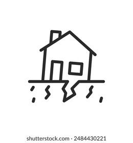 House damaged by earthquake, linear style icon. House with cracks and shifted foundation, earthquake damage. Editable stroke width.