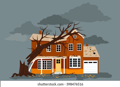 House damaged by a fallen tree, EPS 8 vector illustration, no transparencies