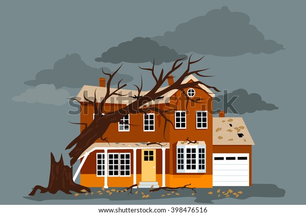House damaged by a fallen tree, EPS 8\
vector illustration, no\
transparencies