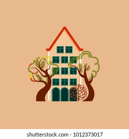 House at day with a glowing window among trees and bushes. Autumn European landscape environment. Vector illustration.