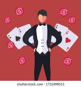 House dealer vector portrait concept with male figure wearing tuxedo while posing confidently in red background surrounded by ace cards & dollar chips