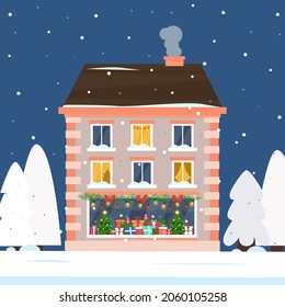 the house is decorated for christmas. Three-storey building. Festive illumination, a beautiful garland and a showcase for gifts on the 1st floor. Snowfall. Vector illustration, flat