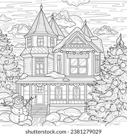 La casa está decorada para Navidad en invierno. Colores libros antiestrés para niños y adultos. Ilustración aislada sobre fondo blanco. Estilo zenano-margino. Dibujo manual