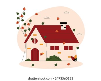 House decorated with fallen leaves in fall season, vector illustration.