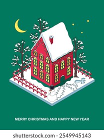 A house decorated with a garland in an isometric projection, a winter illustration with a snowman and a snow angel. Christmas greeting card