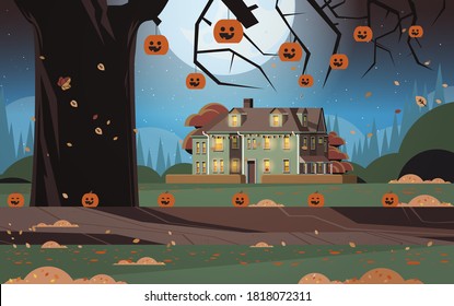 house decorated for halloween holiday celebration home building front view with pumpkins night landscape background horizontal vector illustration